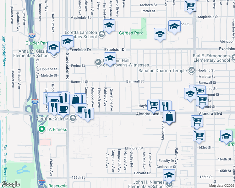 map of restaurants, bars, coffee shops, grocery stores, and more near 15517 Longworth Avenue in Norwalk