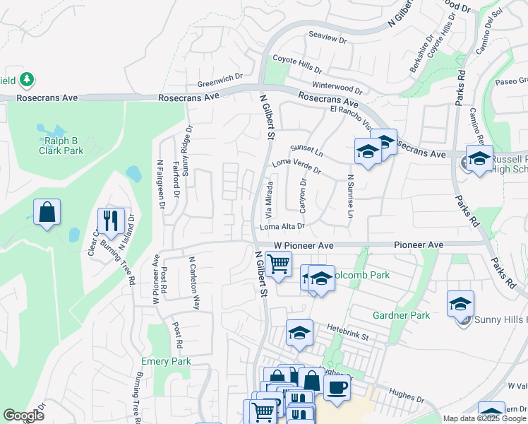 map of restaurants, bars, coffee shops, grocery stores, and more near 1616 North Gilbert Street in Fullerton