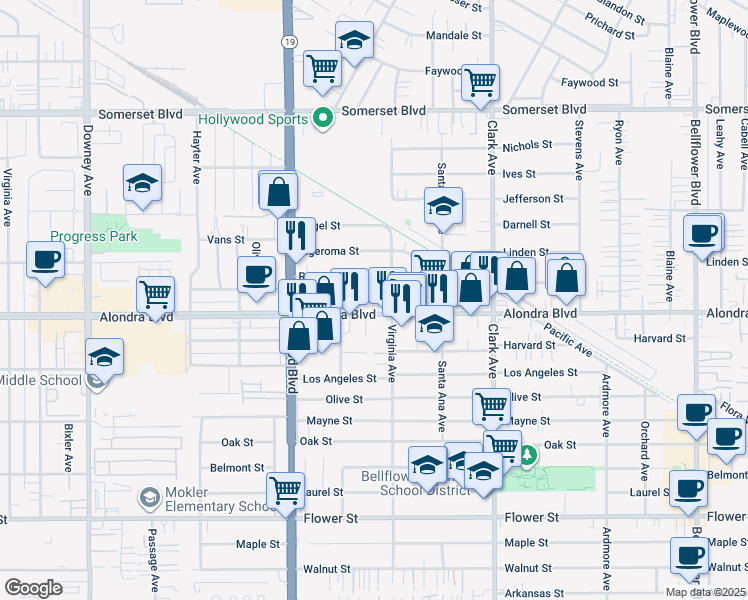 map of restaurants, bars, coffee shops, grocery stores, and more near 9163 Alondra Boulevard in Bellflower