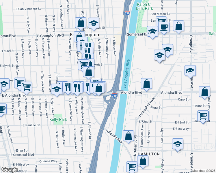 map of restaurants, bars, coffee shops, grocery stores, and more near 15810 South Frailey Avenue in East Compton