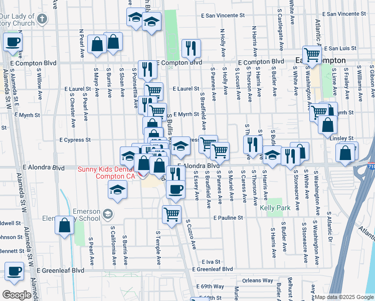 map of restaurants, bars, coffee shops, grocery stores, and more near 807 South Essey Avenue in Compton