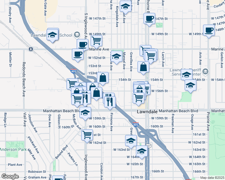 map of restaurants, bars, coffee shops, grocery stores, and more near 4578 West 156th Street in Lawndale