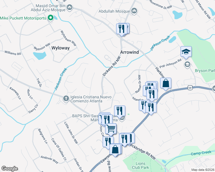 map of restaurants, bars, coffee shops, grocery stores, and more near 5480 Chuzzlewit Court Northwest in Lilburn
