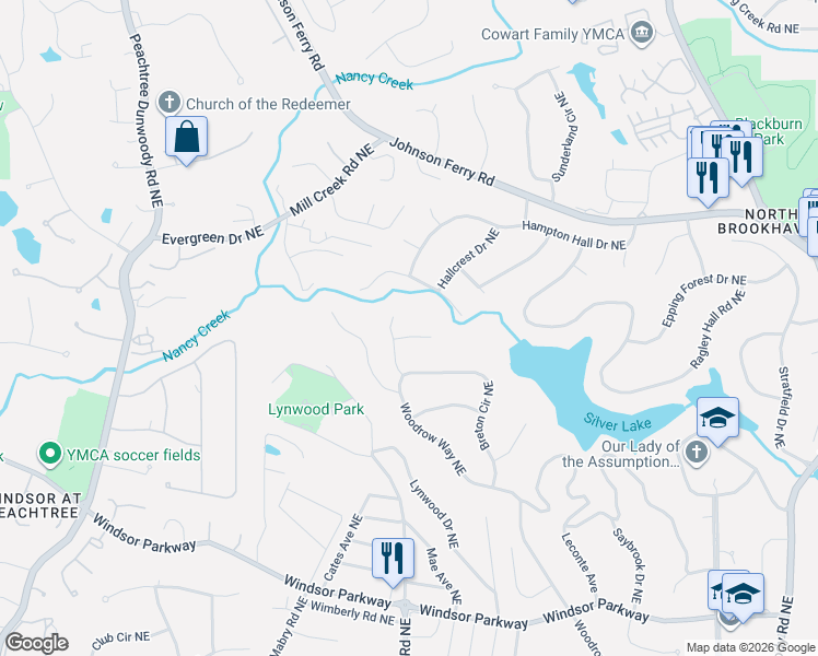 map of restaurants, bars, coffee shops, grocery stores, and more near 1161 Rennes Court in Atlanta