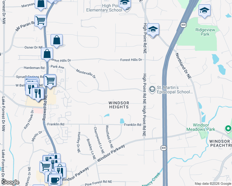 map of restaurants, bars, coffee shops, grocery stores, and more near 465 Forest Valley Road in Sandy Springs