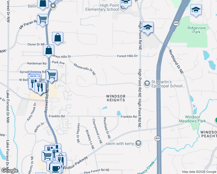map of restaurants, bars, coffee shops, grocery stores, and more near 465 Forest Valley Road in Sandy Springs