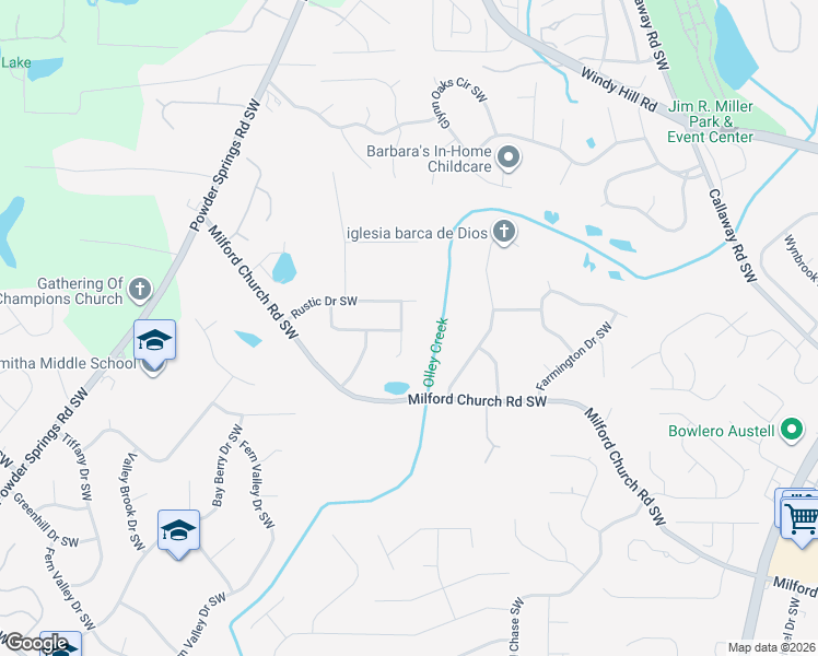 map of restaurants, bars, coffee shops, grocery stores, and more near 1601 Rustic Drive Southwest in Marietta