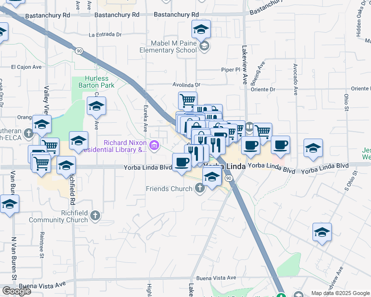 map of restaurants, bars, coffee shops, grocery stores, and more near 4901 Park Place in Yorba Linda