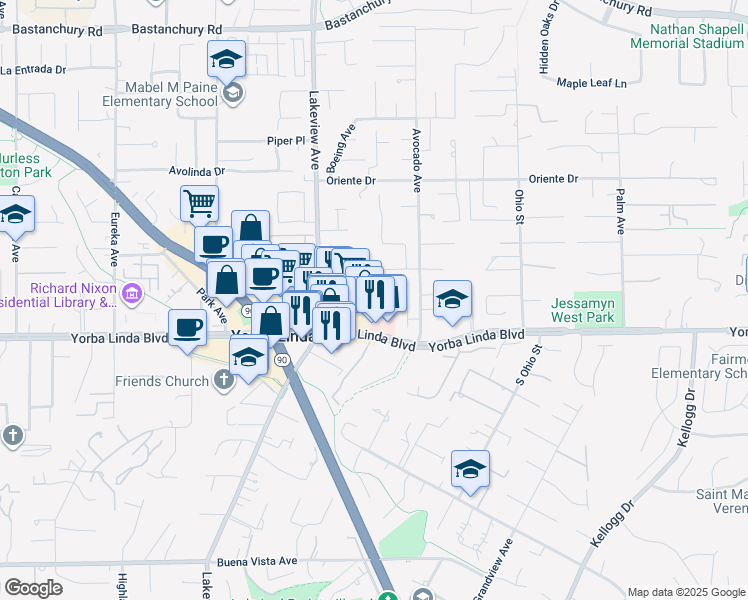 map of restaurants, bars, coffee shops, grocery stores, and more near 18613 Yorba Linda Boulevard in Yorba Linda