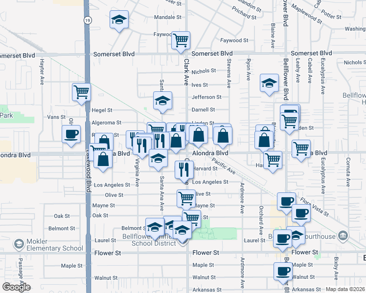 map of restaurants, bars, coffee shops, grocery stores, and more near 9356 Alondra Boulevard in Bellflower