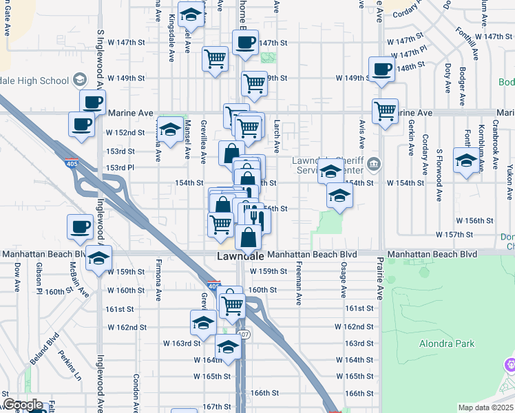 map of restaurants, bars, coffee shops, grocery stores, and more near 4335 West 156th Street in Lawndale