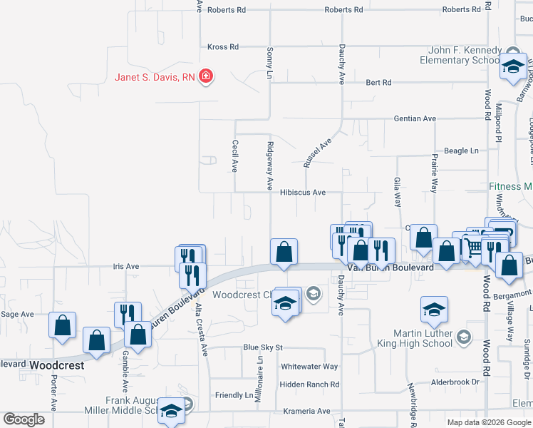 map of restaurants, bars, coffee shops, grocery stores, and more near 15833 Ridgeway Avenue in Riverside