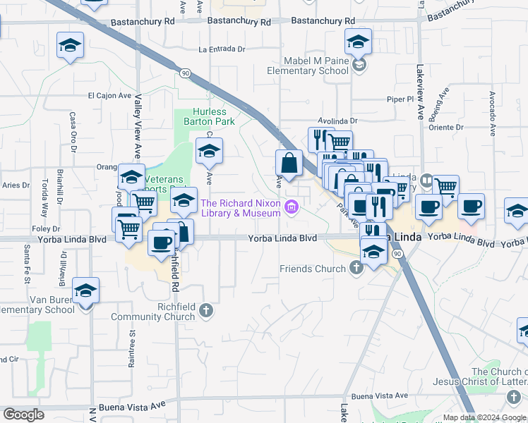 map of restaurants, bars, coffee shops, grocery stores, and more near 17851 Linda Drive in Yorba Linda