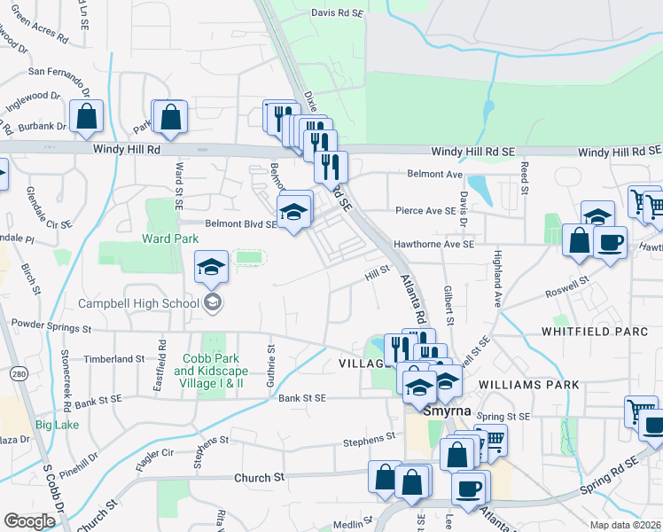 map of restaurants, bars, coffee shops, grocery stores, and more near Fleming Street in Smyrna
