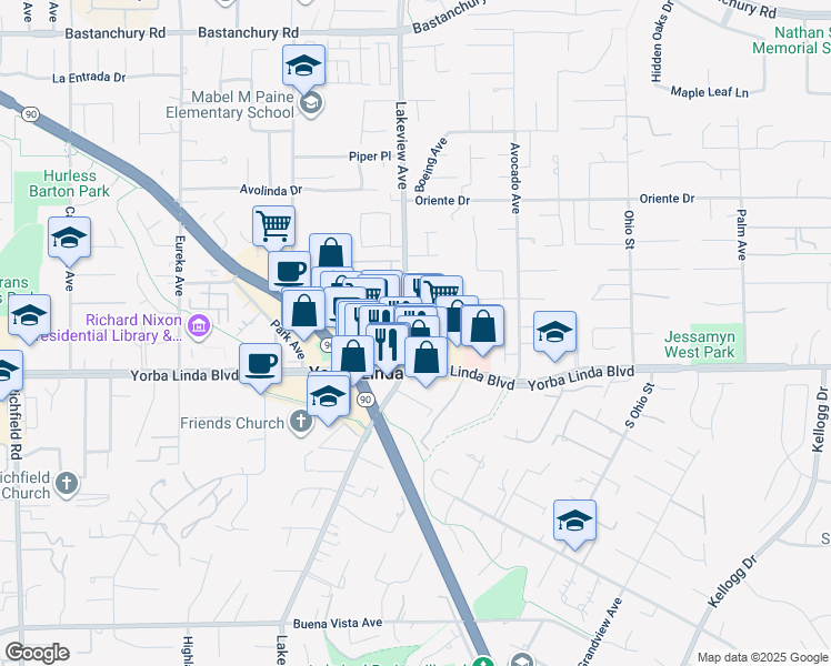 map of restaurants, bars, coffee shops, grocery stores, and more near 18501 Yorba Linda Boulevard in Yorba Linda