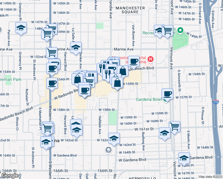 map of restaurants, bars, coffee shops, grocery stores, and more near 15507 Normandie Avenue in Gardena
