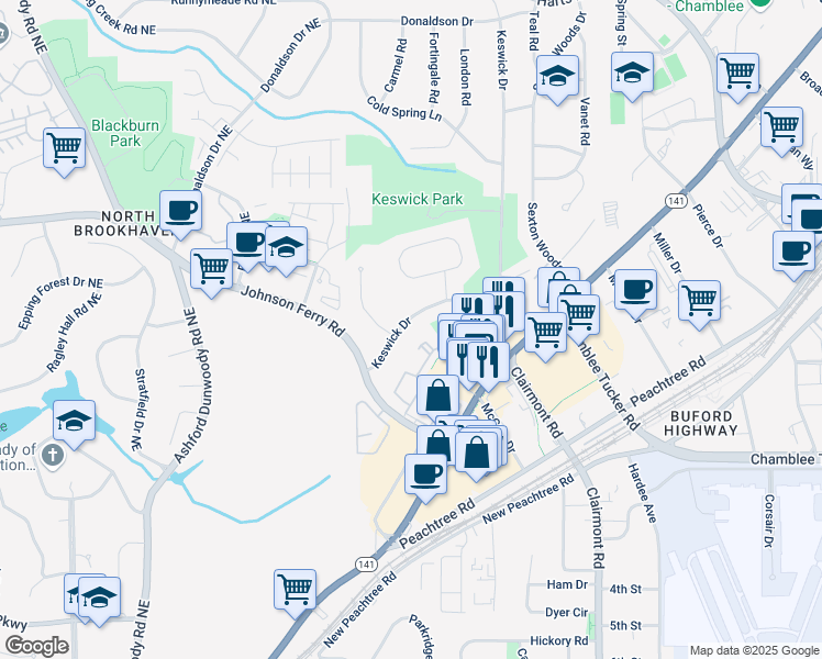 map of restaurants, bars, coffee shops, grocery stores, and more near 13304 Jefferson Circle North in Atlanta