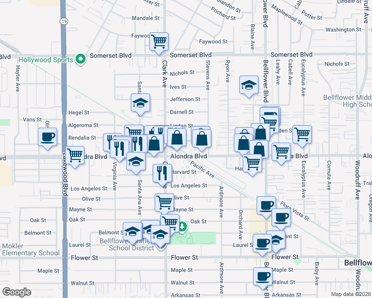 map of restaurants, bars, coffee shops, grocery stores, and more near 9457 Flora Vista Street in Bellflower
