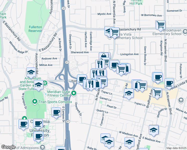 map of restaurants, bars, coffee shops, grocery stores, and more near 2901 Yorba Linda Boulevard in Fullerton