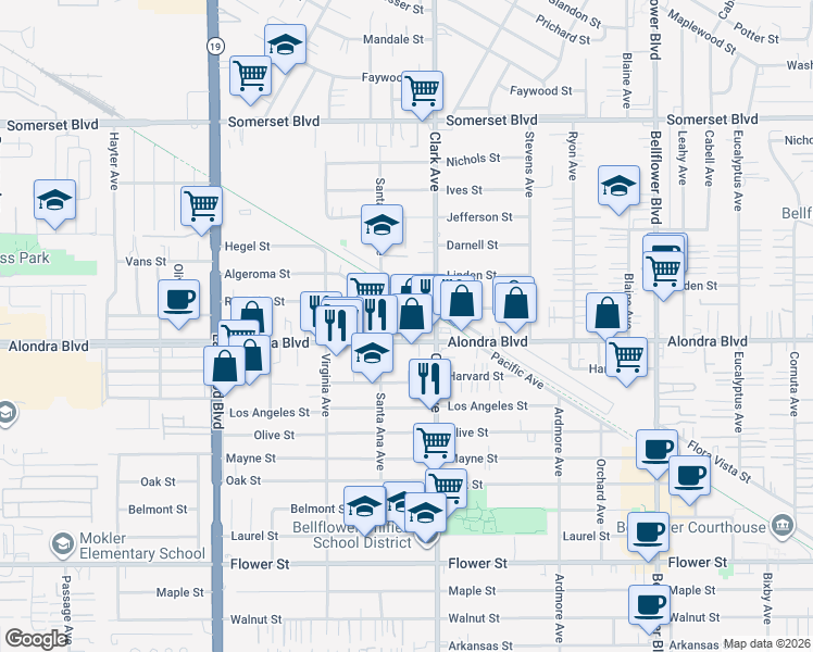 map of restaurants, bars, coffee shops, grocery stores, and more near 9339 Alondra Boulevard in Bellflower