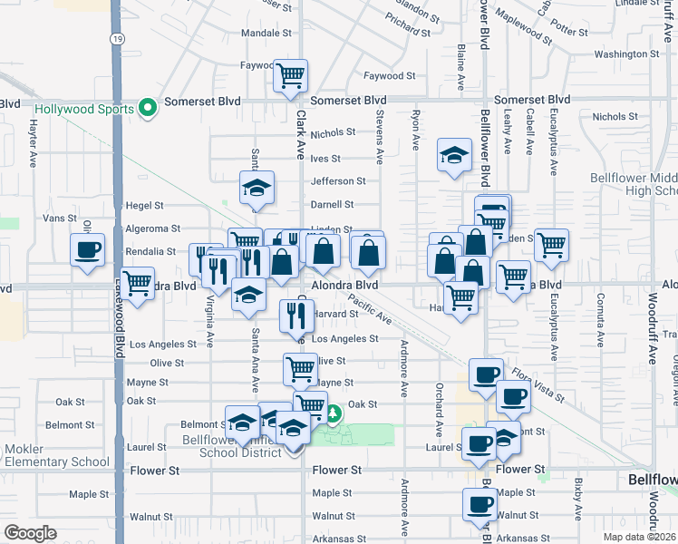 map of restaurants, bars, coffee shops, grocery stores, and more near 9457 Flora Vista Street in Bellflower