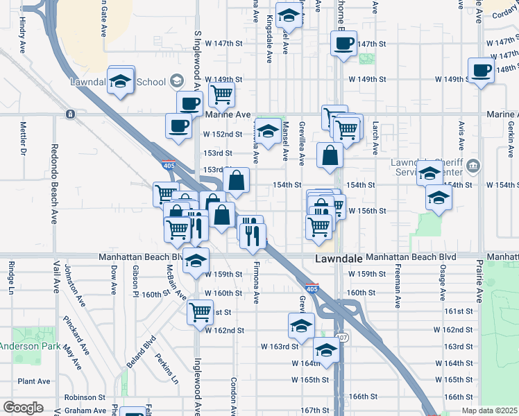 map of restaurants, bars, coffee shops, grocery stores, and more near 4578 West 156th Street in Lawndale