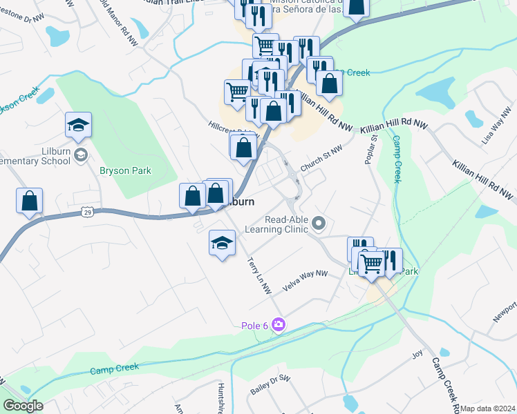 map of restaurants, bars, coffee shops, grocery stores, and more near 4924 Church Street Northwest in Lilburn