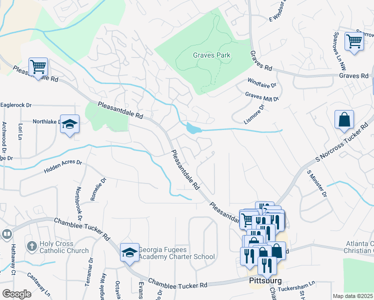 map of restaurants, bars, coffee shops, grocery stores, and more near 3398 Misty Harbor Trail in Atlanta