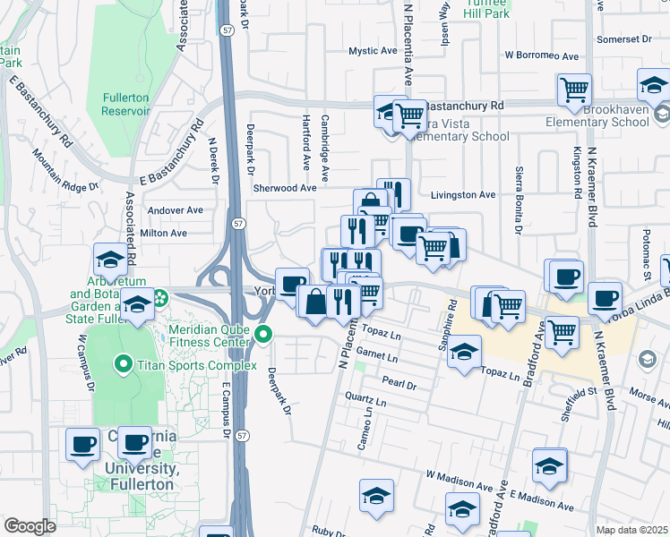 map of restaurants, bars, coffee shops, grocery stores, and more near 2901 Yorba Linda Boulevard in Fullerton