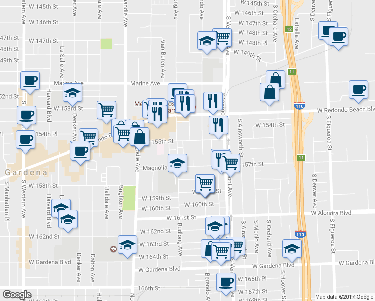 map of restaurants, bars, coffee shops, grocery stores, and more near 15534 South Budlong Place in Gardena
