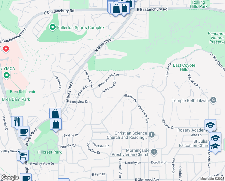 map of restaurants, bars, coffee shops, grocery stores, and more near 2048 Palisades Drive in Fullerton