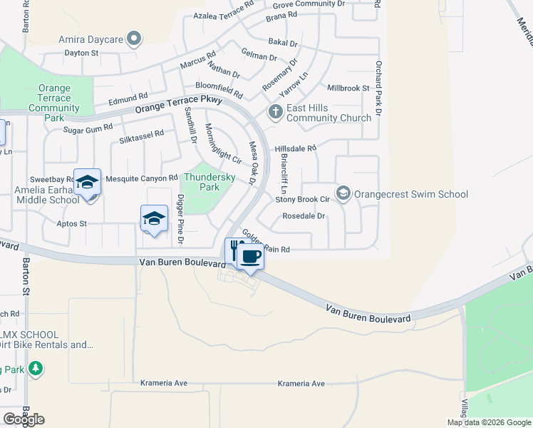 map of restaurants, bars, coffee shops, grocery stores, and more near 20615 Stony Brook Circle in Riverside