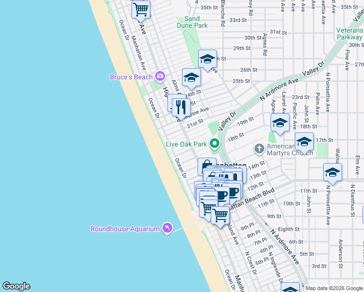 map of restaurants, bars, coffee shops, grocery stores, and more near 209 19th Street in Manhattan Beach
