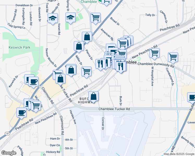 map of restaurants, bars, coffee shops, grocery stores, and more near 5300 Peachtree Road in Chamblee