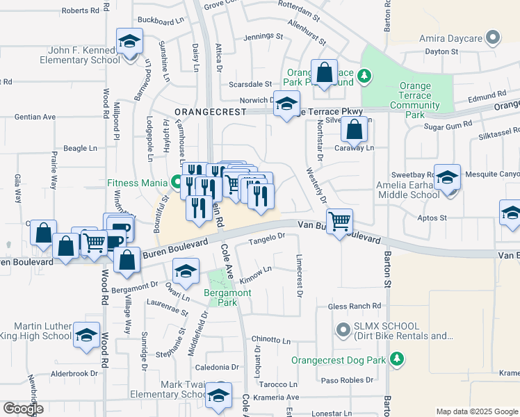 map of restaurants, bars, coffee shops, grocery stores, and more near 19510 Van Buren Boulevard in Riverside