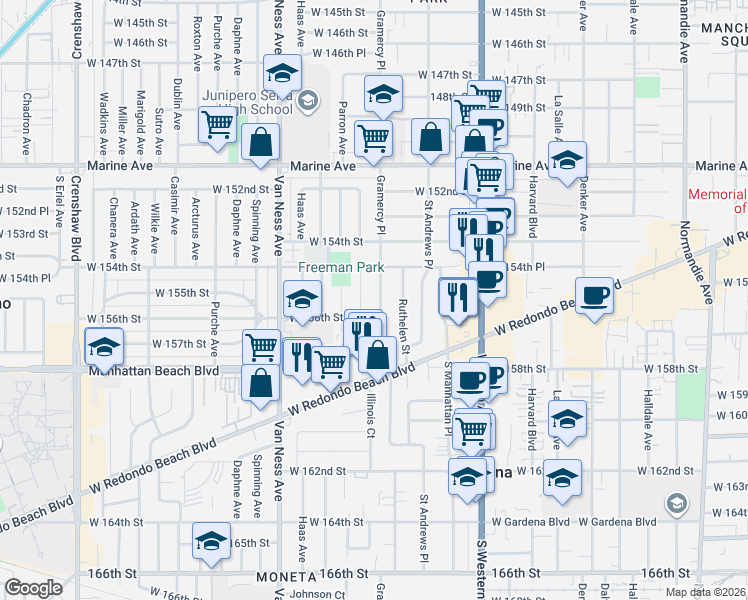 map of restaurants, bars, coffee shops, grocery stores, and more near 15507 Gramercy Place in Gardena
