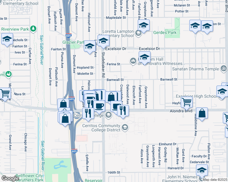 map of restaurants, bars, coffee shops, grocery stores, and more near 15503 Benfield Avenue in Norwalk