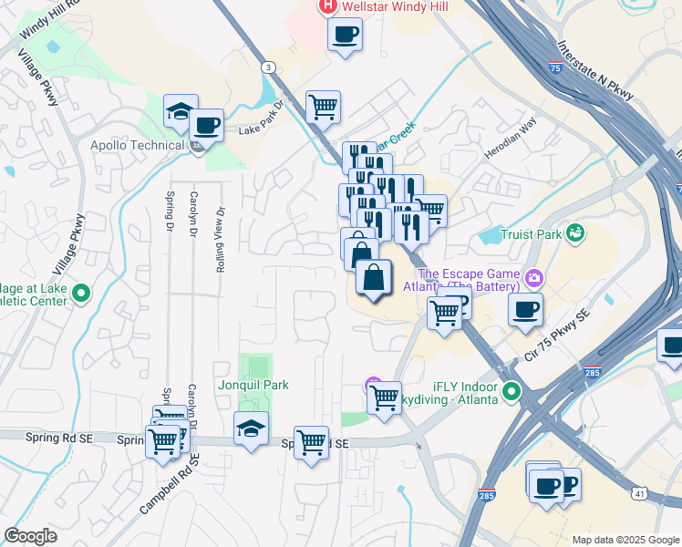 map of restaurants, bars, coffee shops, grocery stores, and more near 5110 Afton Way in Smyrna