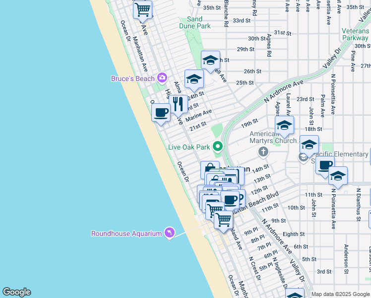 map of restaurants, bars, coffee shops, grocery stores, and more near 215 19th Street in Manhattan Beach