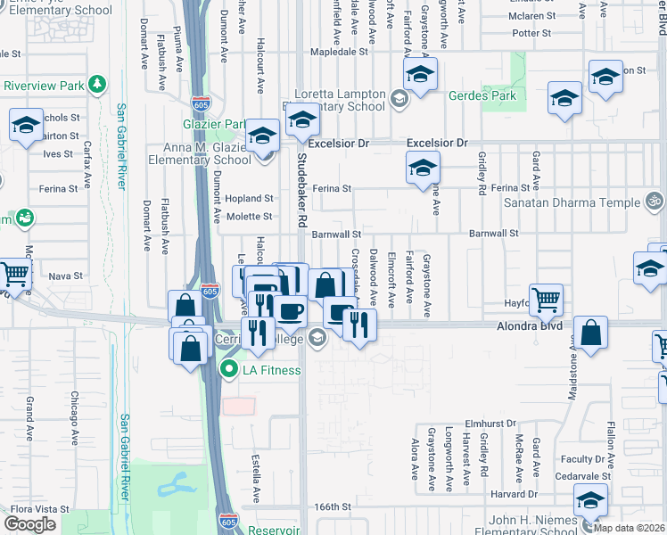 map of restaurants, bars, coffee shops, grocery stores, and more near 15503 Benfield Avenue in Norwalk