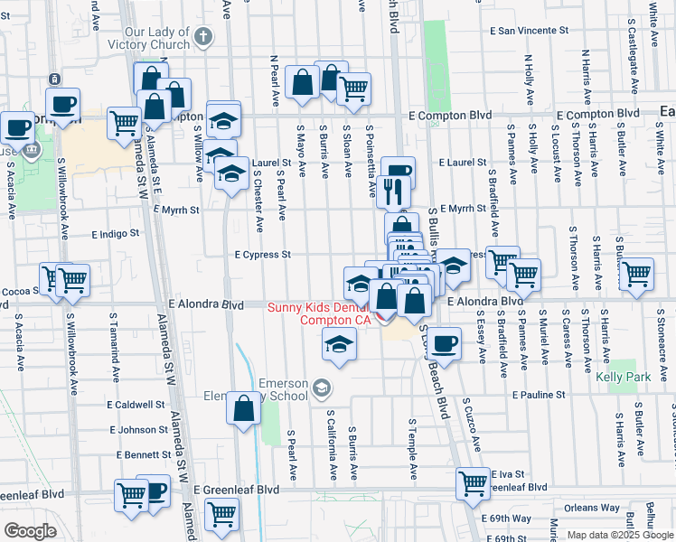 map of restaurants, bars, coffee shops, grocery stores, and more near 801 South Sloan Avenue in Compton
