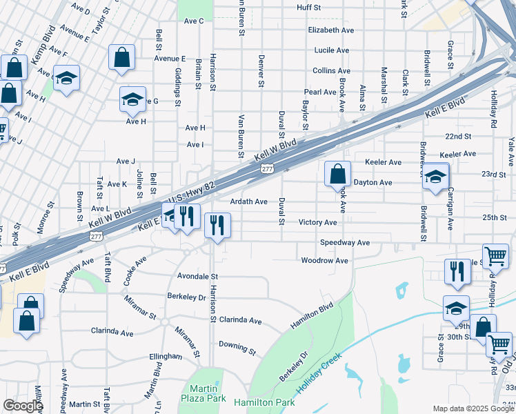 map of restaurants, bars, coffee shops, grocery stores, and more near 1922 Victory Avenue in Wichita Falls