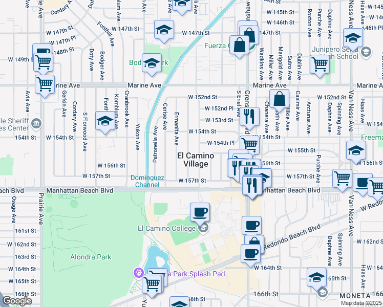 map of restaurants, bars, coffee shops, grocery stores, and more near in El Camino Village