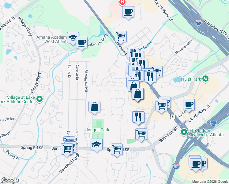 map of restaurants, bars, coffee shops, grocery stores, and more near 5158 Afton Way in Smyrna
