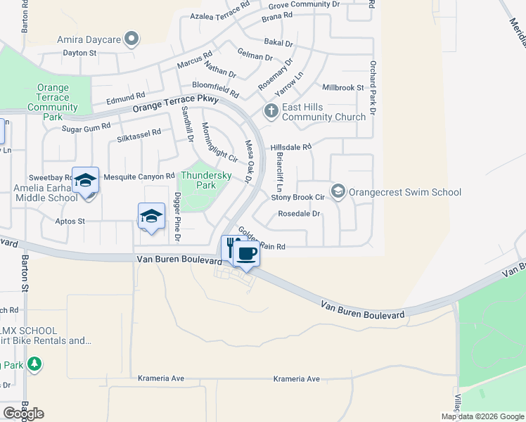 map of restaurants, bars, coffee shops, grocery stores, and more near 20615 Stony Brook Circle in Riverside