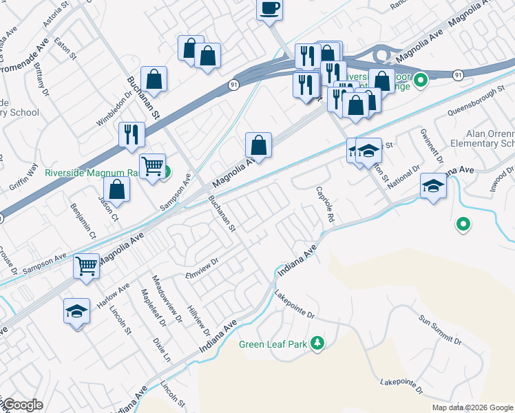 map of restaurants, bars, coffee shops, grocery stores, and more near 3663 Buchanan Street in Riverside