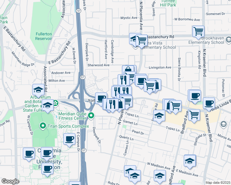 map of restaurants, bars, coffee shops, grocery stores, and more near 2901 Yorba Linda Boulevard in Fullerton