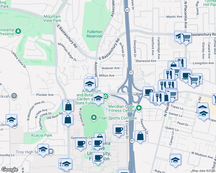 map of restaurants, bars, coffee shops, grocery stores, and more near 2000 Oxford Avenue in Fullerton