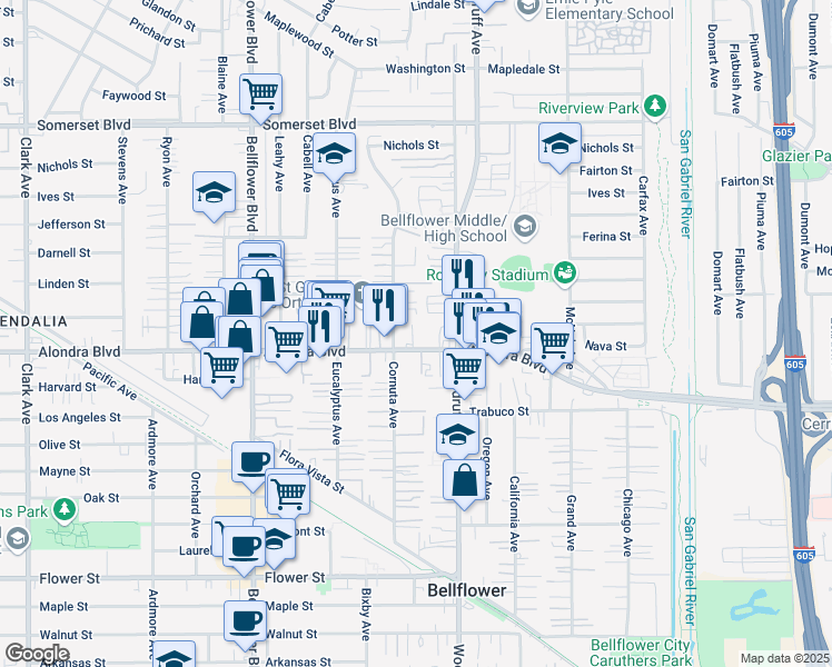 map of restaurants, bars, coffee shops, grocery stores, and more near 10123 Alondra Boulevard in Bellflower