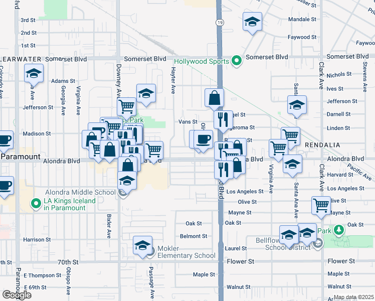 map of restaurants, bars, coffee shops, grocery stores, and more near 8737 Alondra Boulevard in Paramount